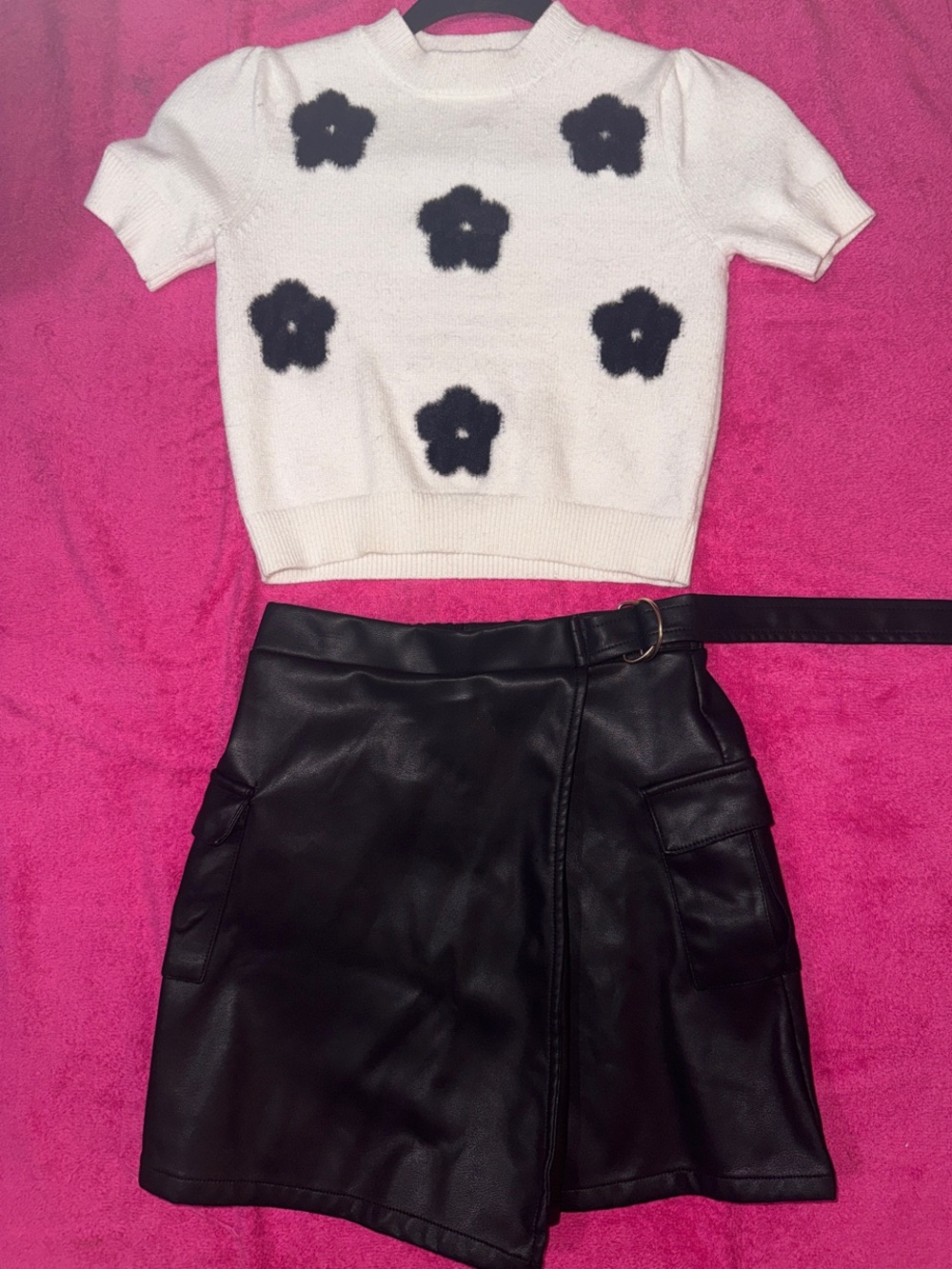 OUTFIT: White Short-Sleeve Sweater with Black Flowers; Black Pleather Mini Skirt